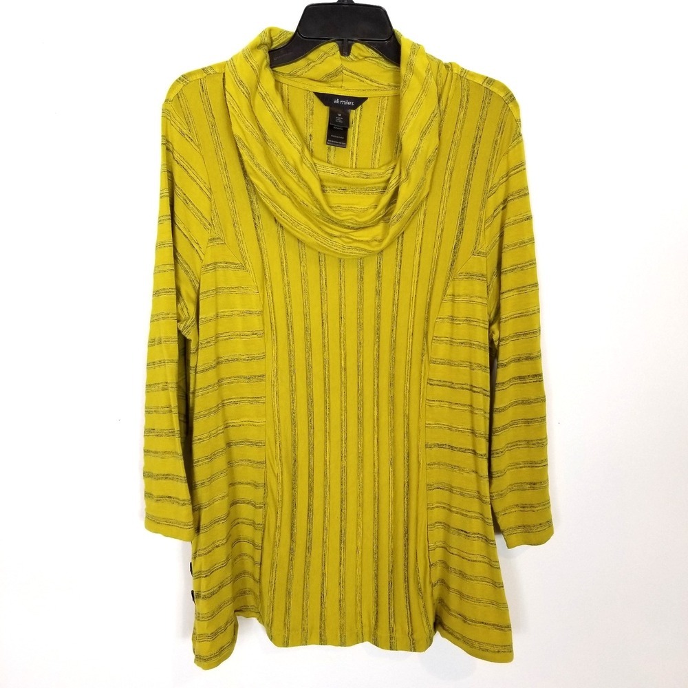 Ali Miles Women Stripe Tunic Top Sz 1X Yellow Art to Wear Hygge Funky Boho